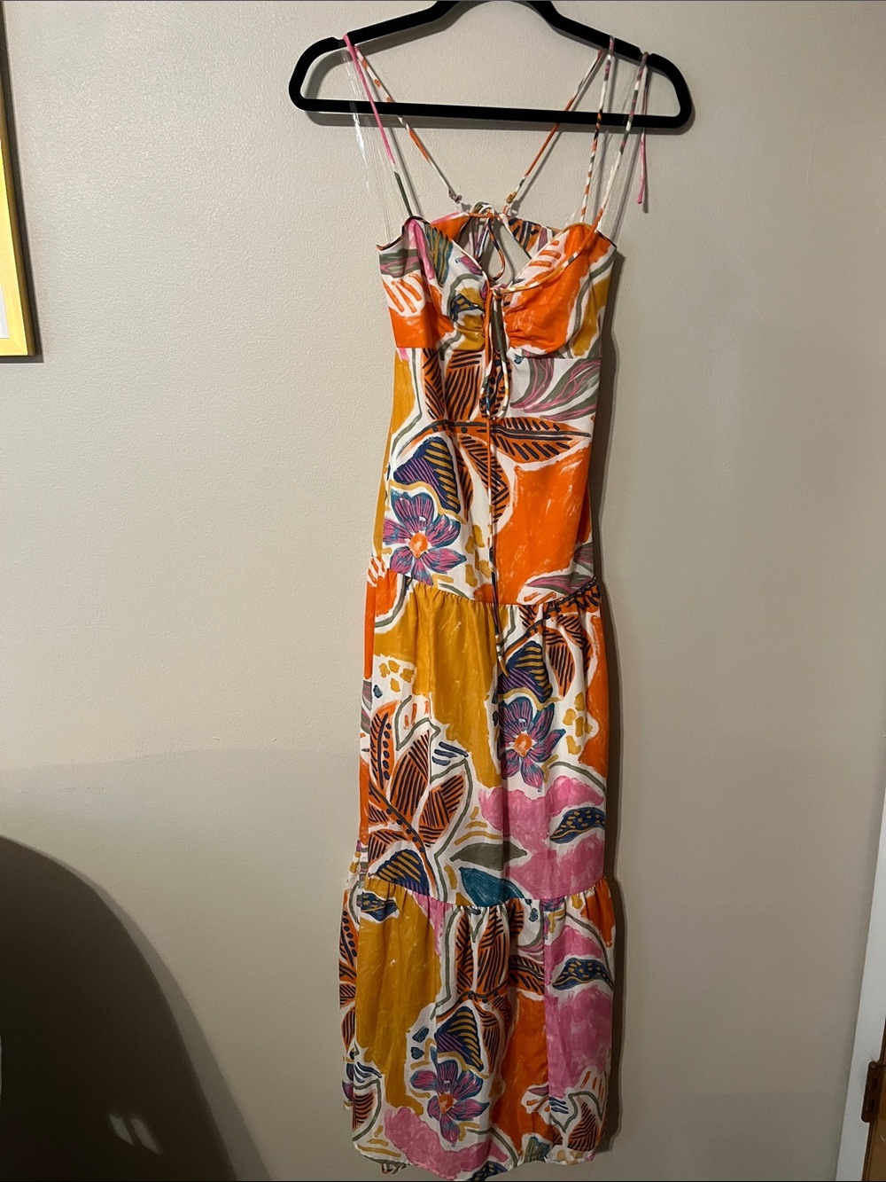 Beauty & Grace Floral Tie-Front, back out Maxi Dress in Orange & Pink